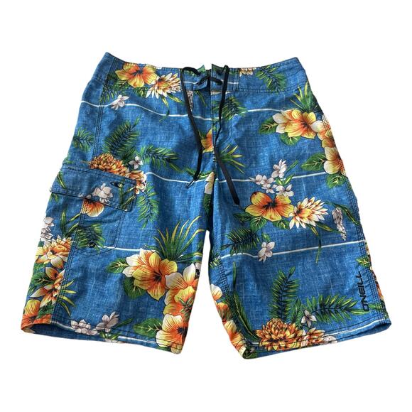 O'Neill Mens Size 28 Boardshorts Swim Surf Trunks Beach Blue Floral Hawaiian - Picture 1 of 9